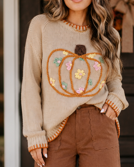 Floral Embroidered Pumpkin Sweater