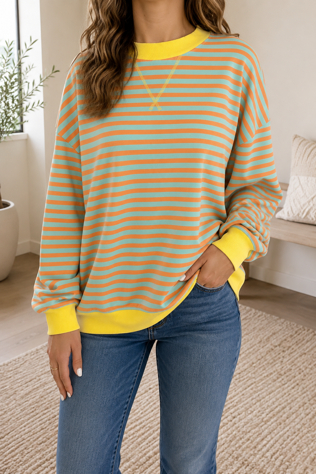 Orange Stripe Plus Sweatshirt