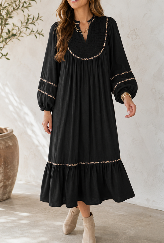 Black Leopard Trim Casual Dress