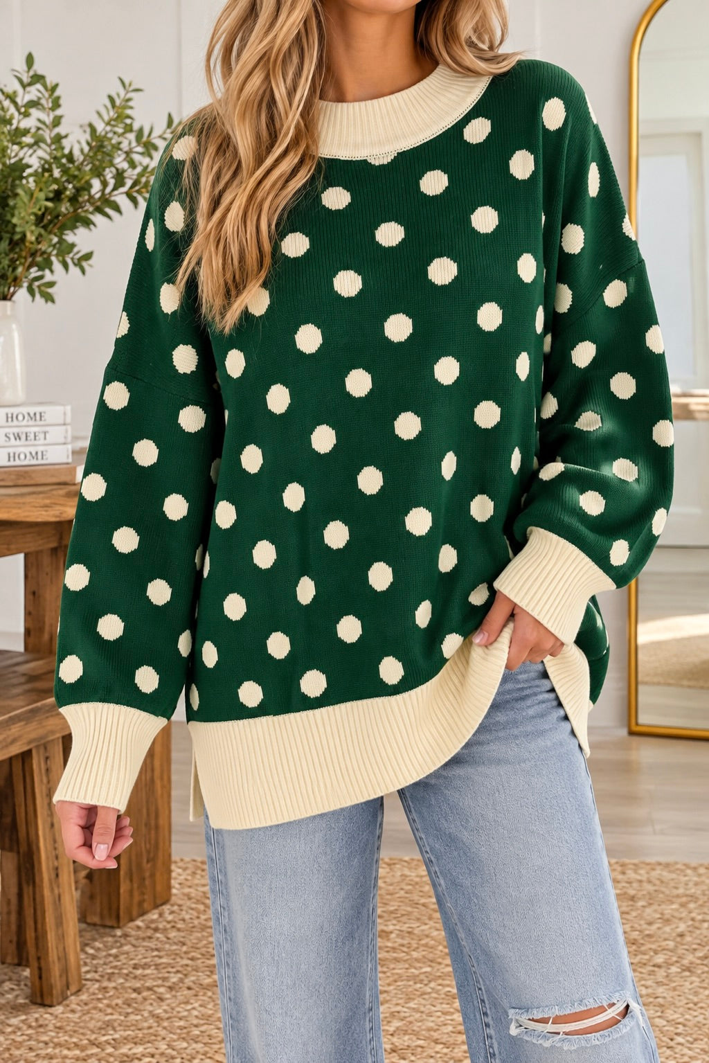 Green Polka Dot Ribbed Sweater