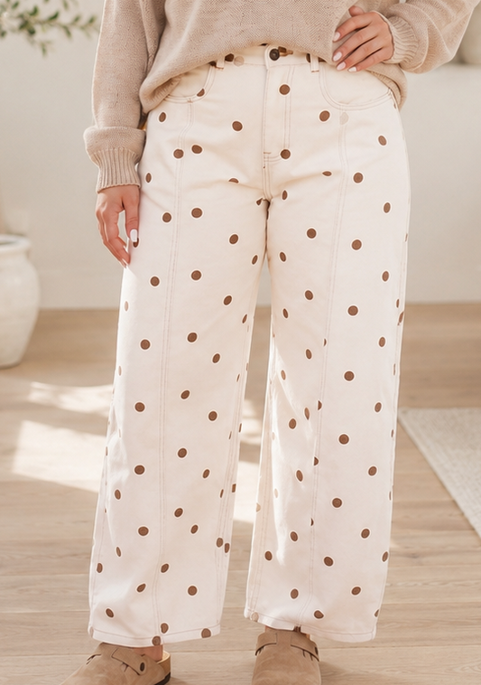 Beige Polka Dot Plus Barrel Jeans