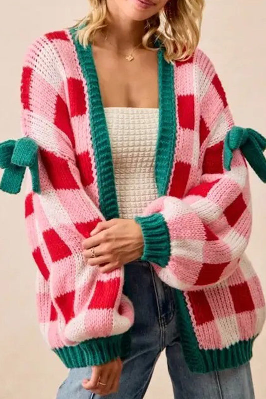 Pink Plaid Bowknot Cardigan