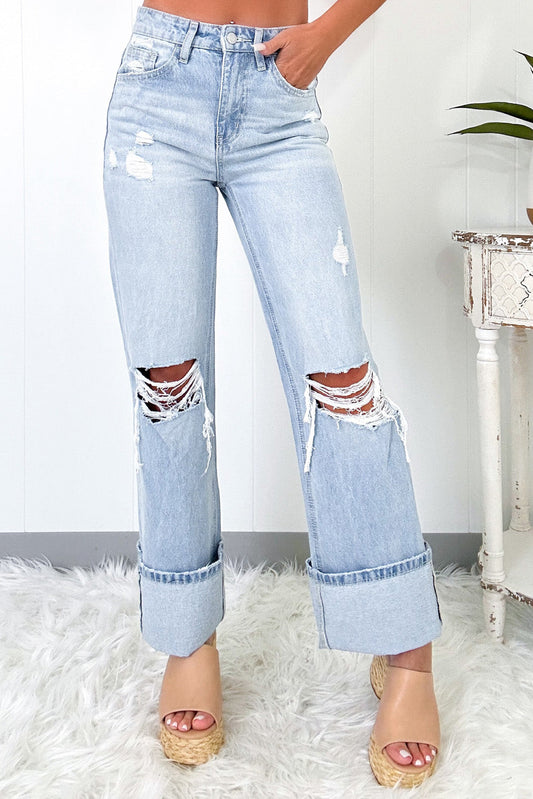Light-Wash Distressed Flare Jeans